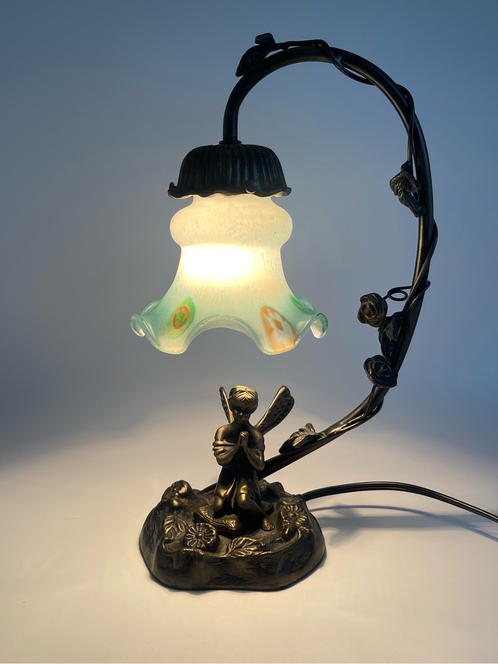 Art Nouveau Bronze Praying Girl Table Lamp Goose Neck Vine Roses Frosted Shade